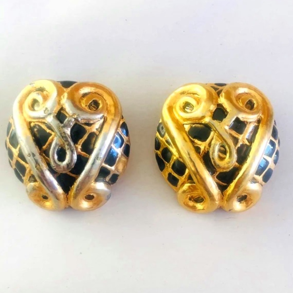 Rochas Paris Huge Gold Vintage Clip On Earrings Chunky Black Enamel
